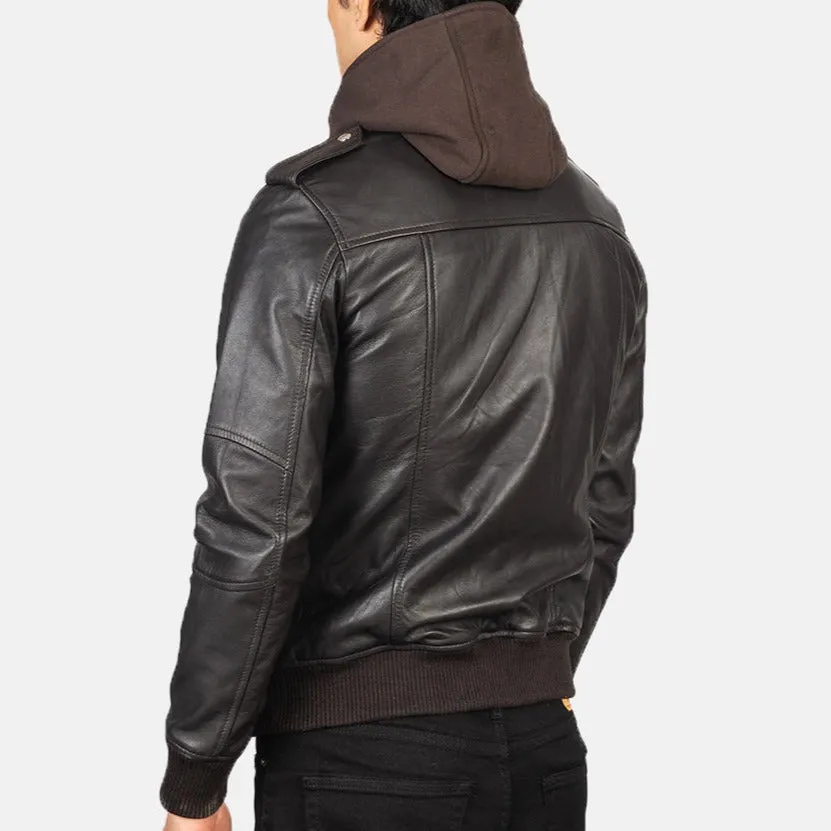 2414 Mush Brown Hooded Leather Bomber Jacket