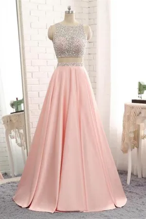 A Line Round Neck Two Pieces Beaded Pink Prom Dresses, Two Pieces Pink Formal Dresses, Pink Evening Dresses M3131