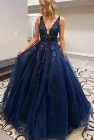 A Line V Neck Dark Blue Lace Beaded Prom Dresses, Dark Blue Lace Long Formal Evening Dresses