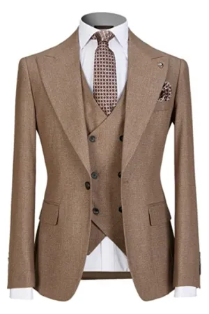 Barret Refined Khaki Peak Lapel Three-Piece Business Suit for Men