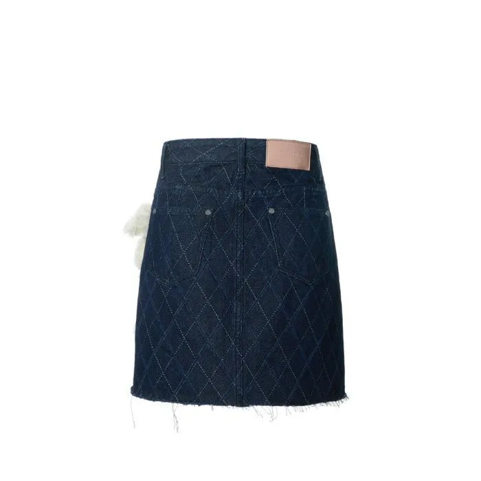 Bear Diamond Check Denim Skirt in Dark Blue