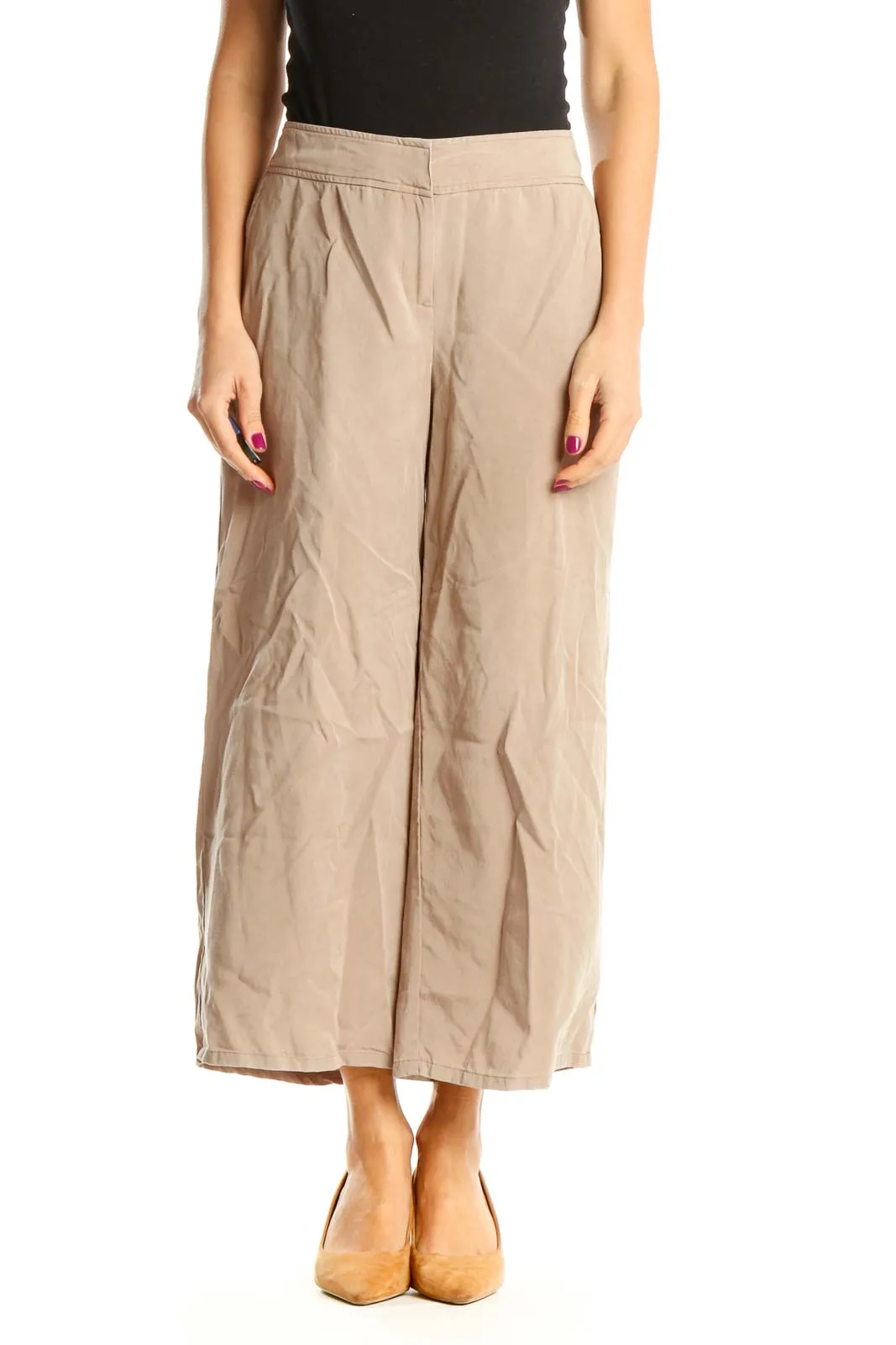 Beige Wide Leg Casual Trousers