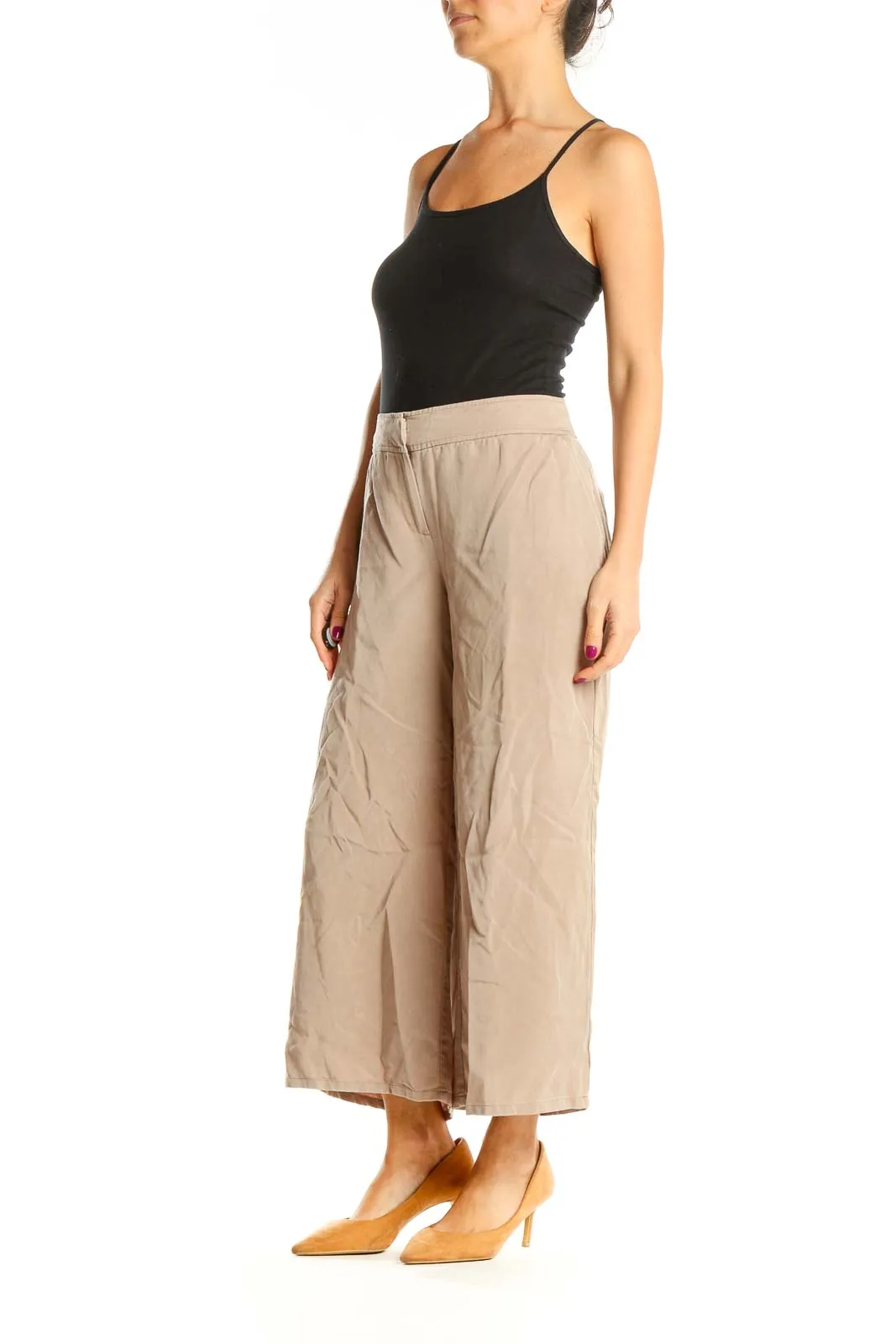 Beige Wide Leg Casual Trousers