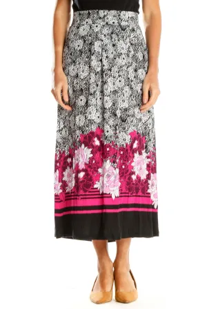 Black and Pink Floral Print Midi Skirt