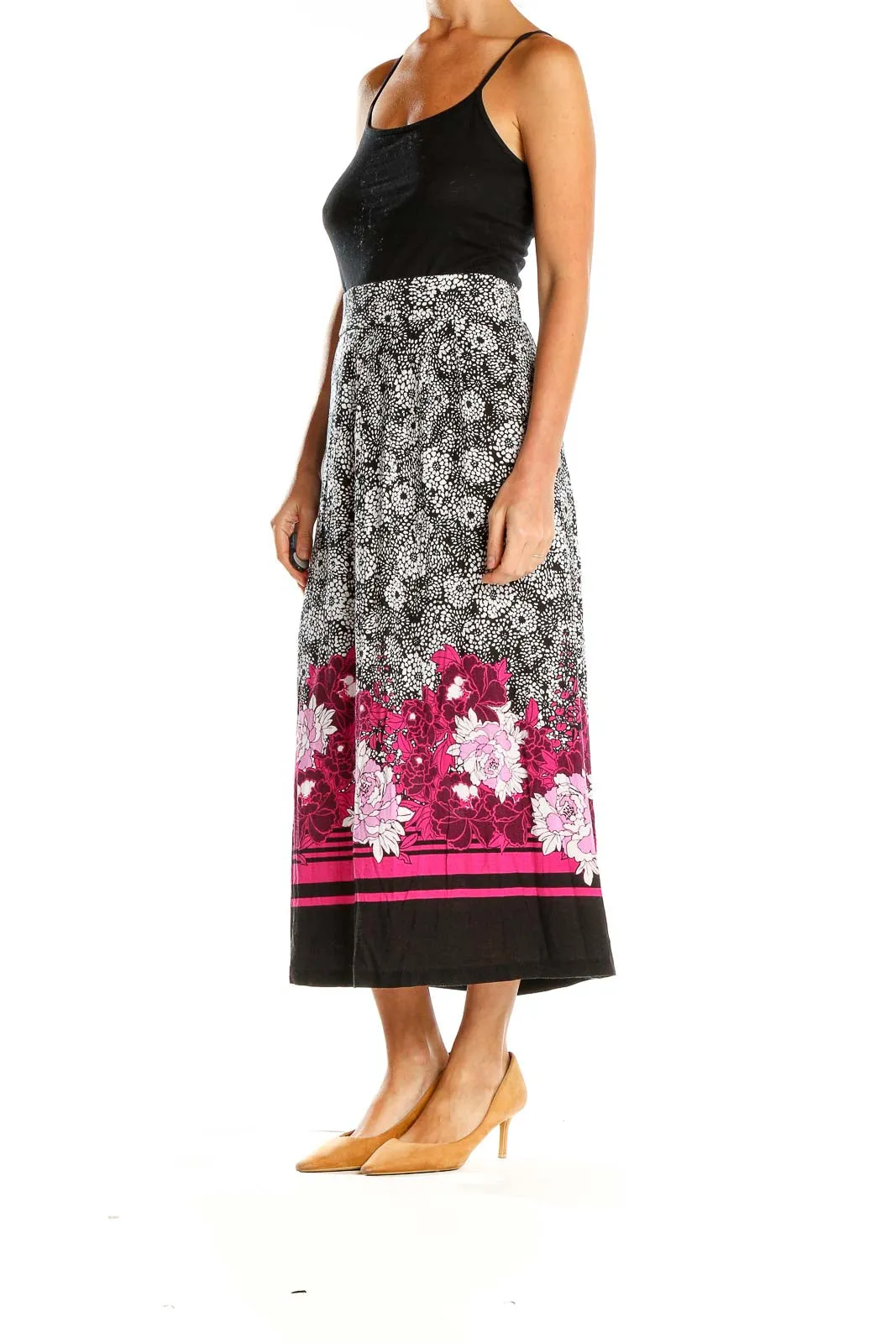 Black and Pink Floral Print Midi Skirt