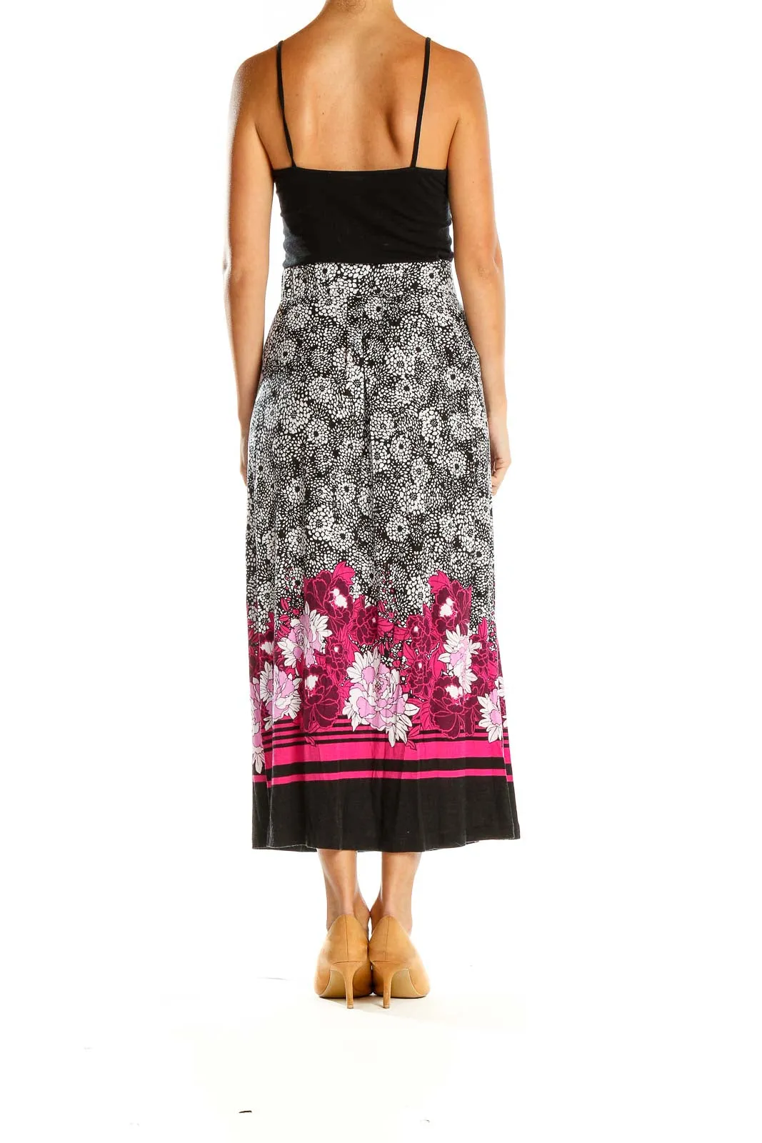 Black and Pink Floral Print Midi Skirt