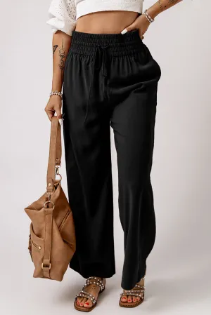 Black Casual drawstring women's wide leg pant