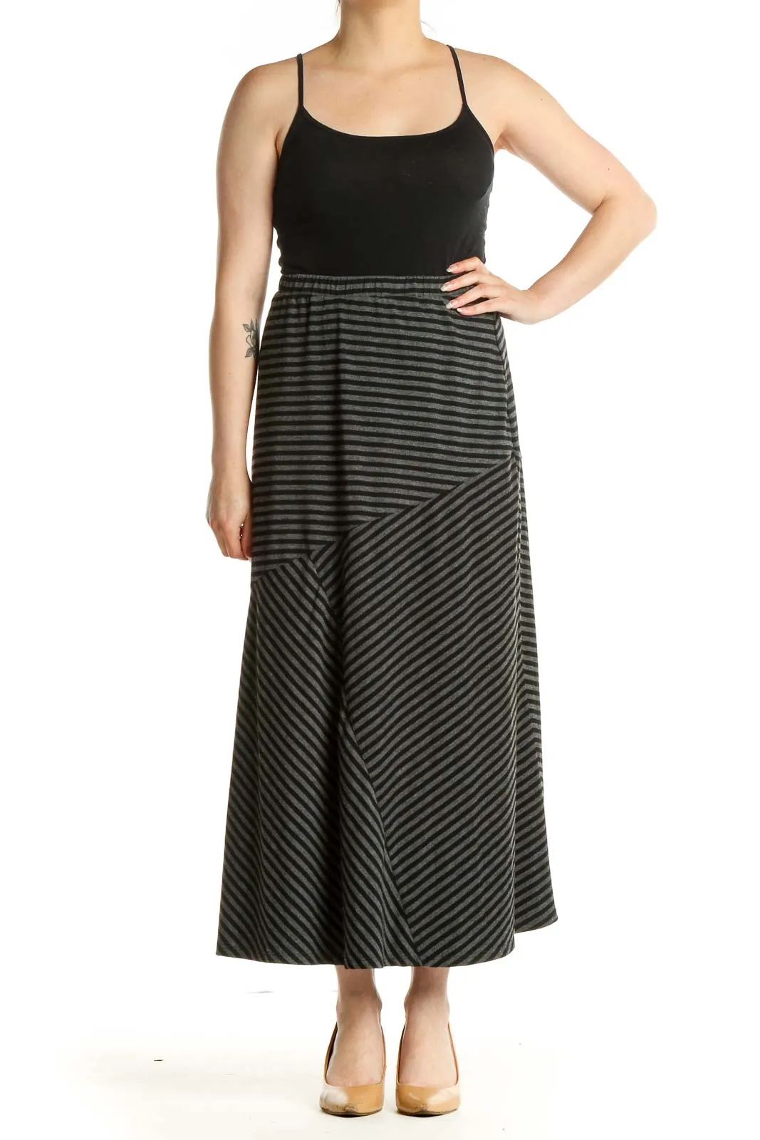 Black Striped Casual Maxi Skirt