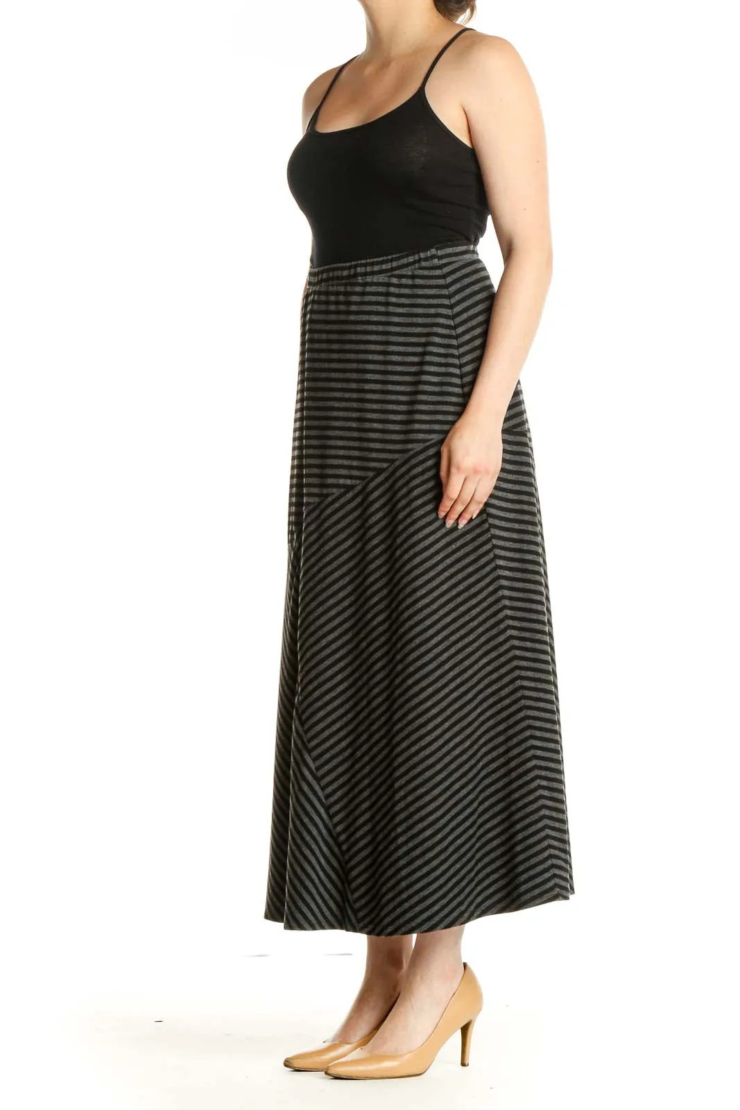 Black Striped Casual Maxi Skirt