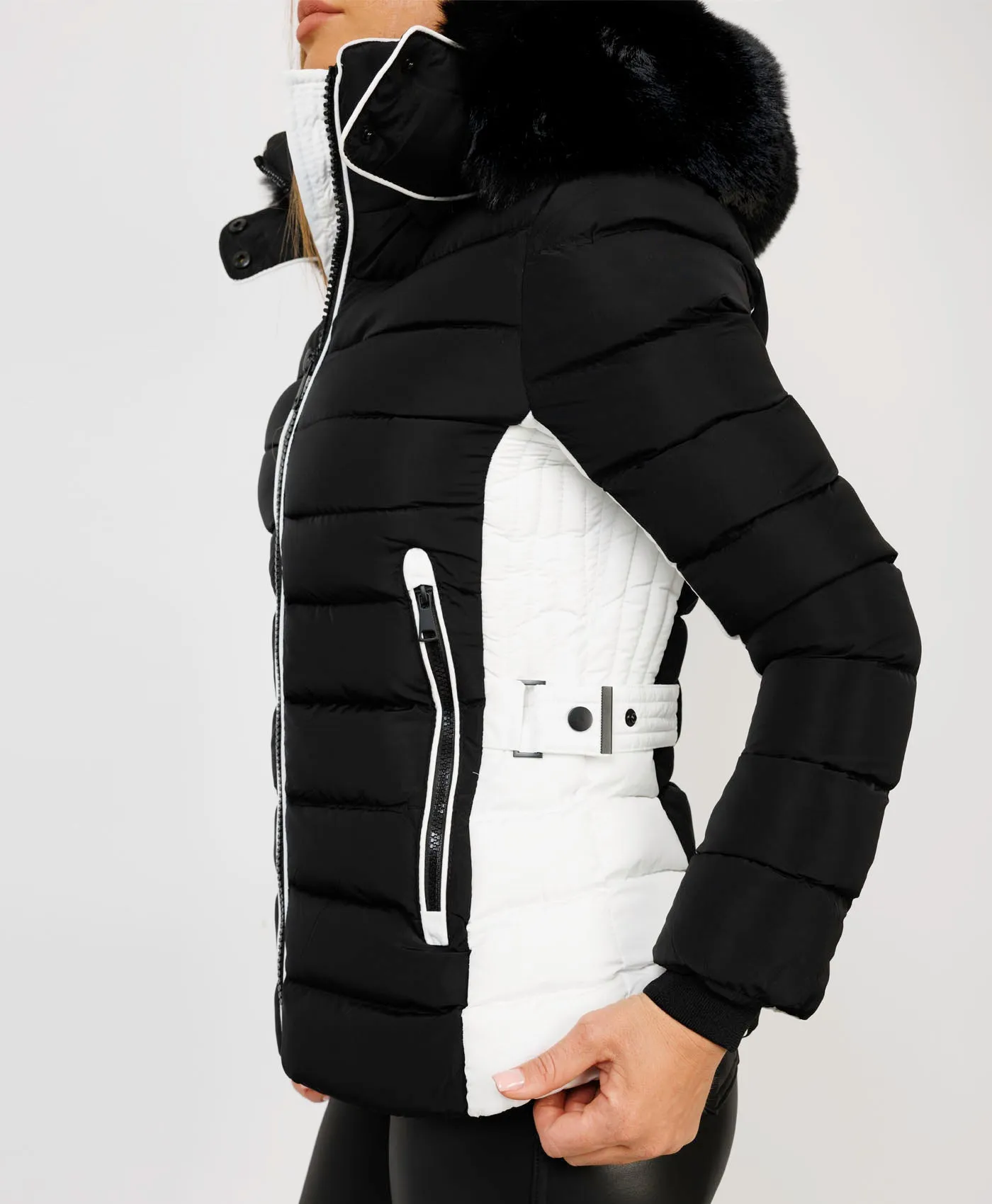 Black White Contrast Padded Fur Hood Puffer Jacket