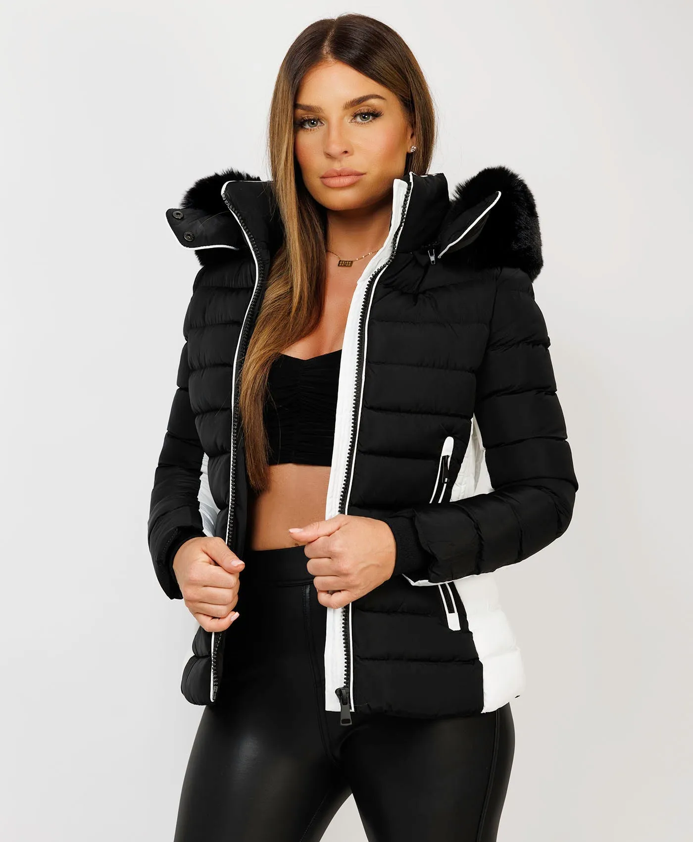 Black White Contrast Padded Fur Hood Puffer Jacket