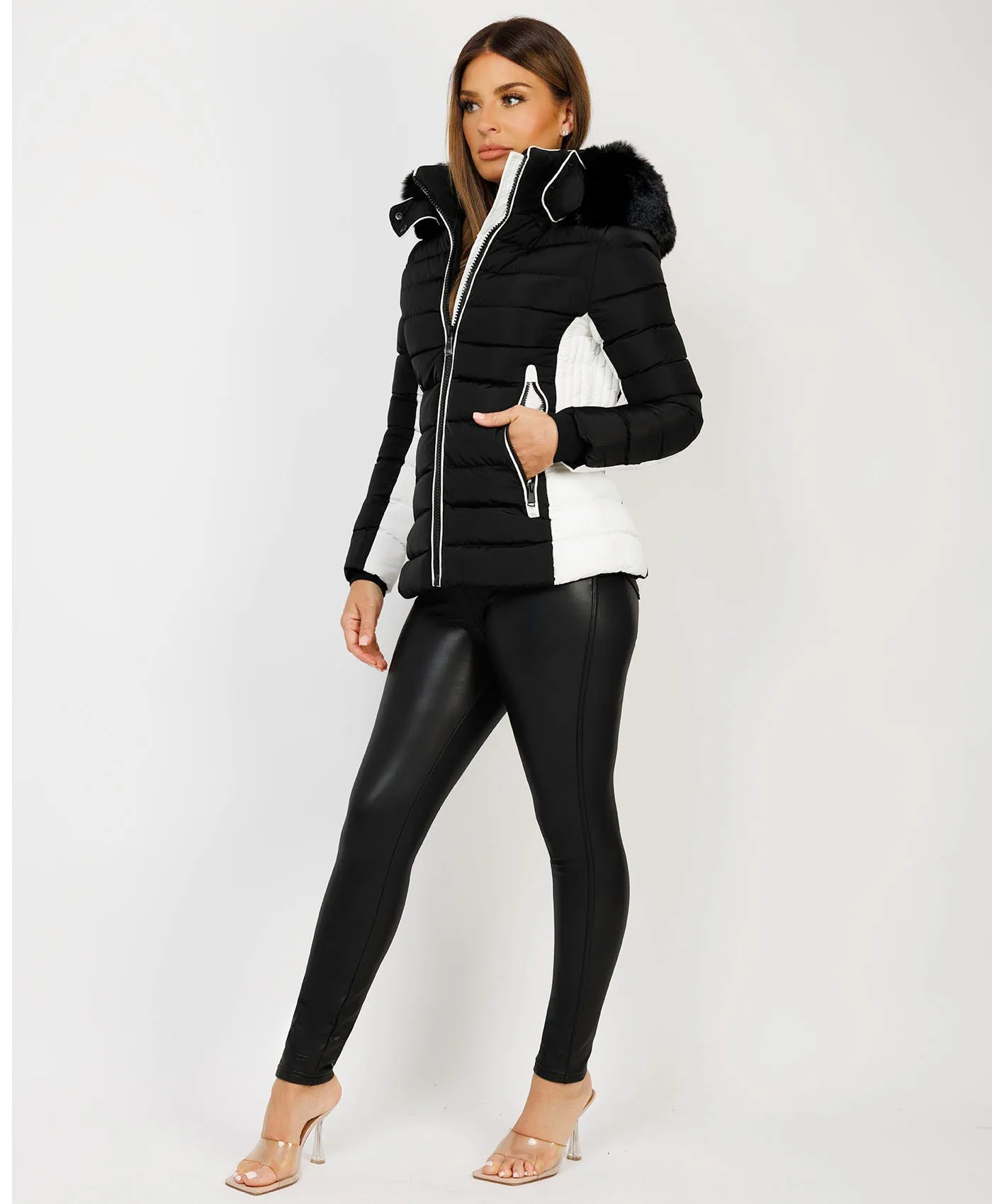 Black White Contrast Padded Fur Hood Puffer Jacket