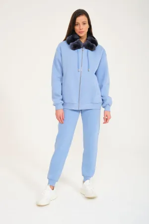 Blue Chinchilla Fur Zipped Hoodie & Jogger Set