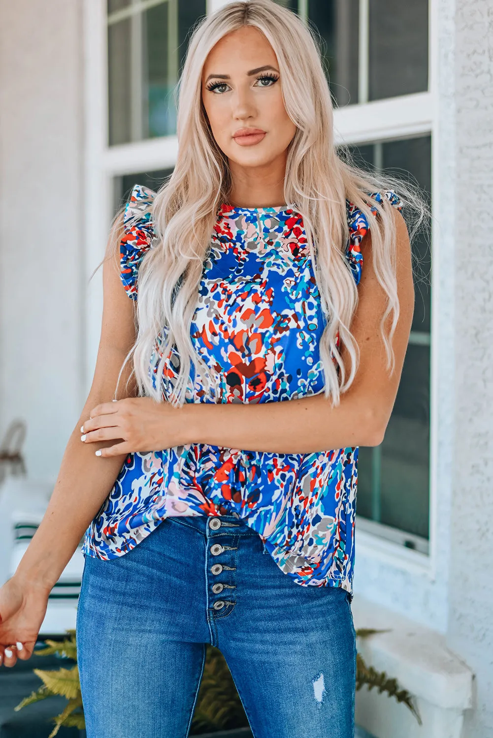 Blue Floral Print Tank Top with Ruffles