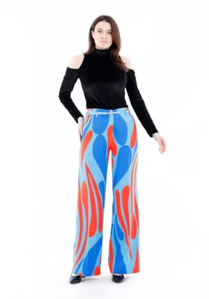 Blue Patterned Wide-Leg High-Waist Pants with Belt - G-Line