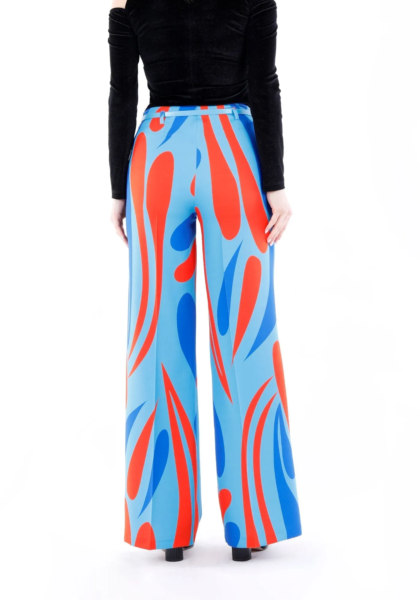 Blue Patterned Wide-Leg High-Waist Pants with Belt - G-Line