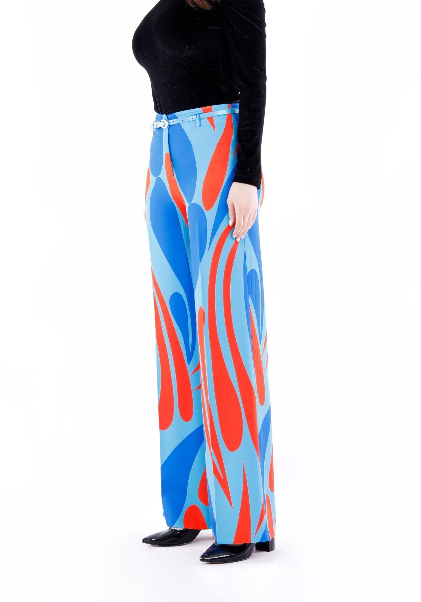 Blue Patterned Wide-Leg High-Waist Pants with Belt - G-Line