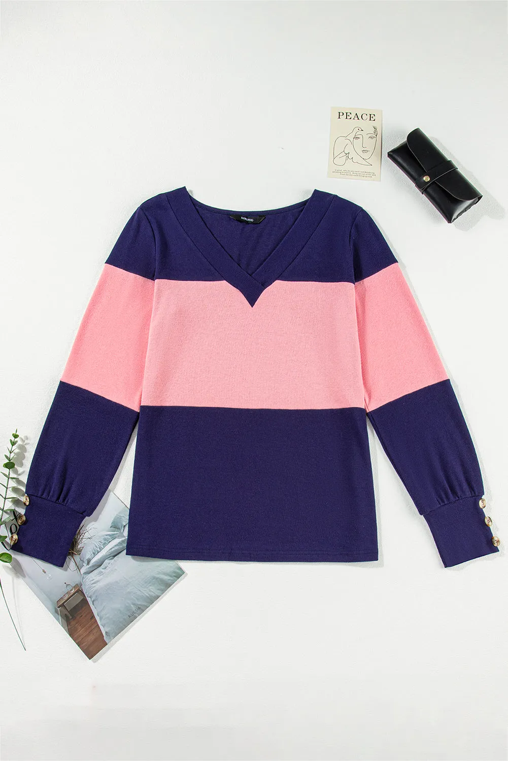 Blue Stripe Colorblock Button Decor Long Sleeve V Neck Top