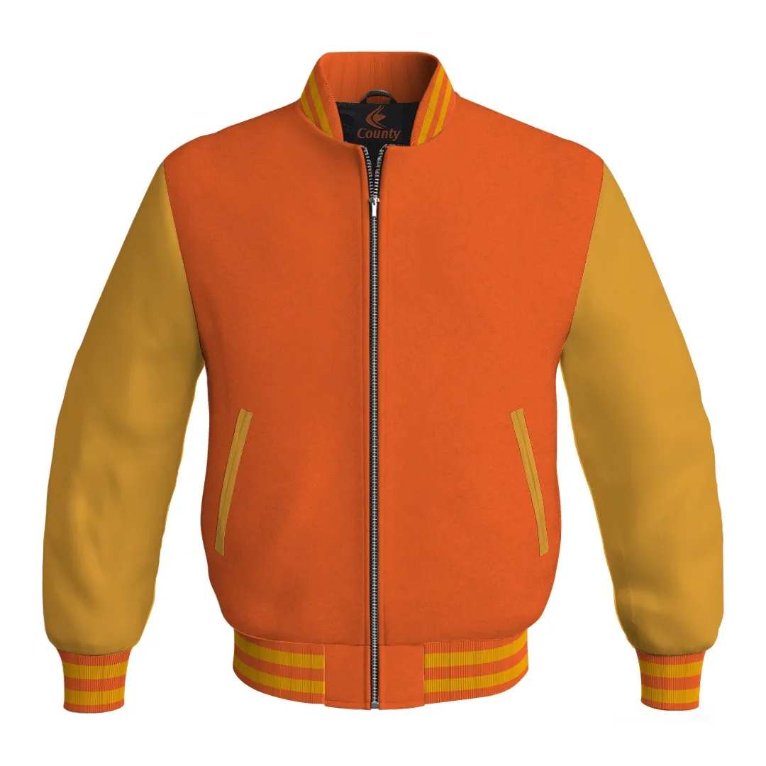 Bomber Jacket Women Orange Body and Gold Leather Sleeves Bomber Jacket