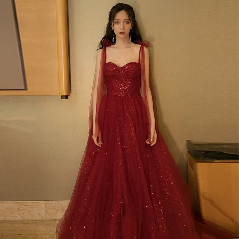 Burgundy A Line Tulle Prom Dress Shiny Evening Formal Gown 587