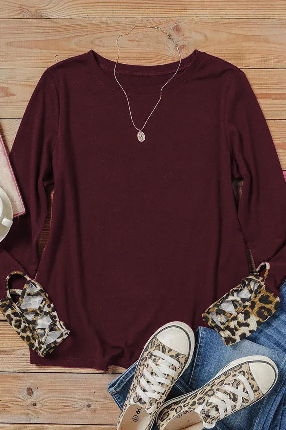 Burgundy Leopard Crisscross Cuffs Long Sleeve Top