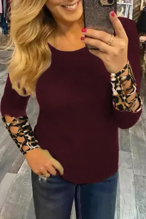 Burgundy Leopard Crisscross Cuffs Long Sleeve Top