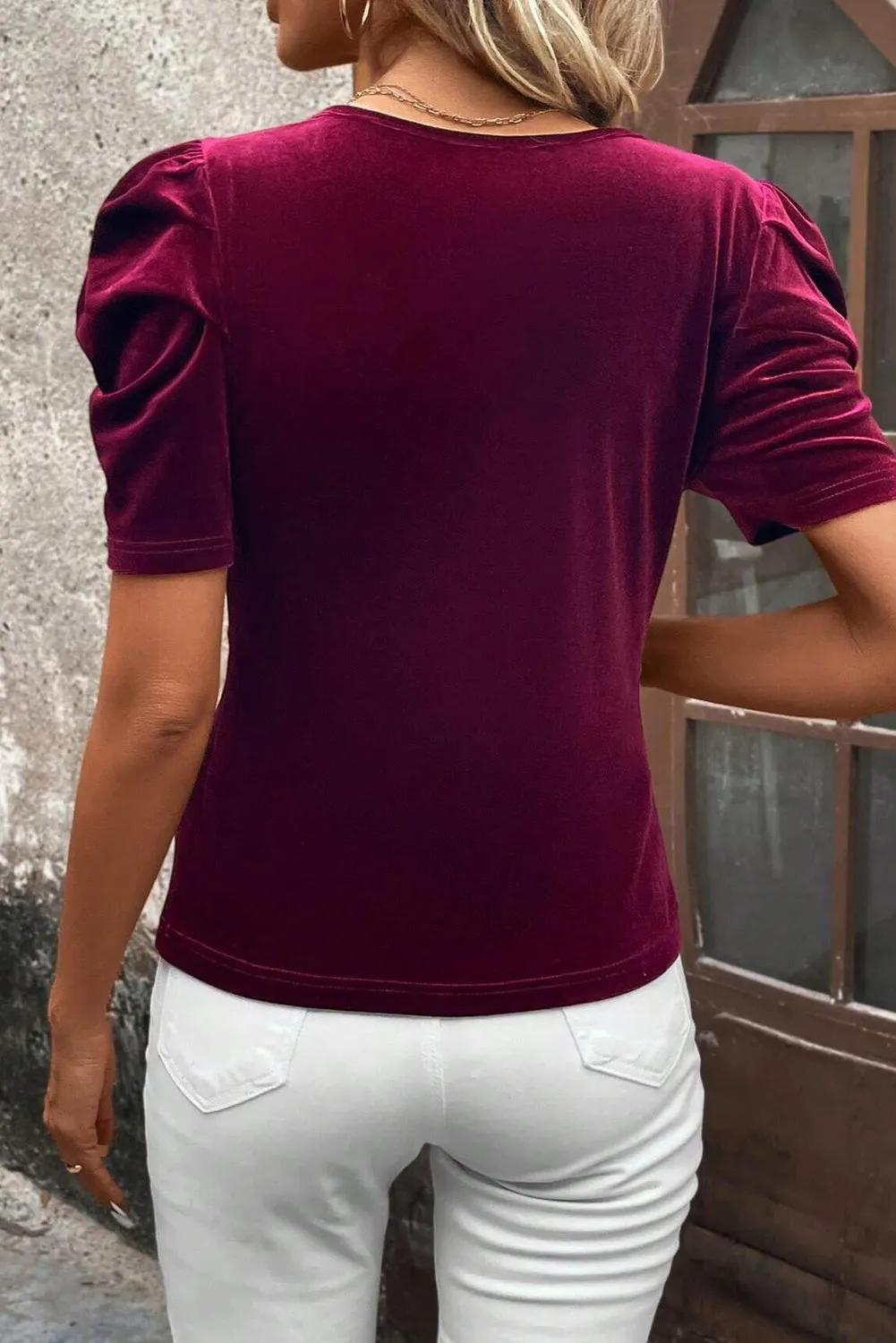 Burgundy Short Puff Sleeve Velvet Top