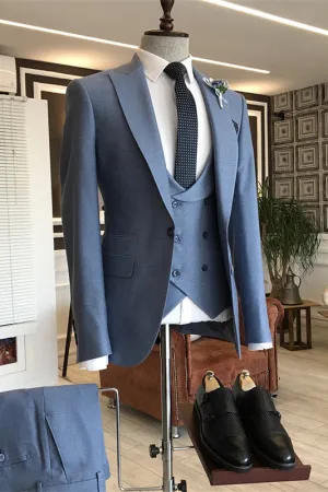 Carl Dusty Blue Bespoke Three-Piece Peaked Lapel Business Suit