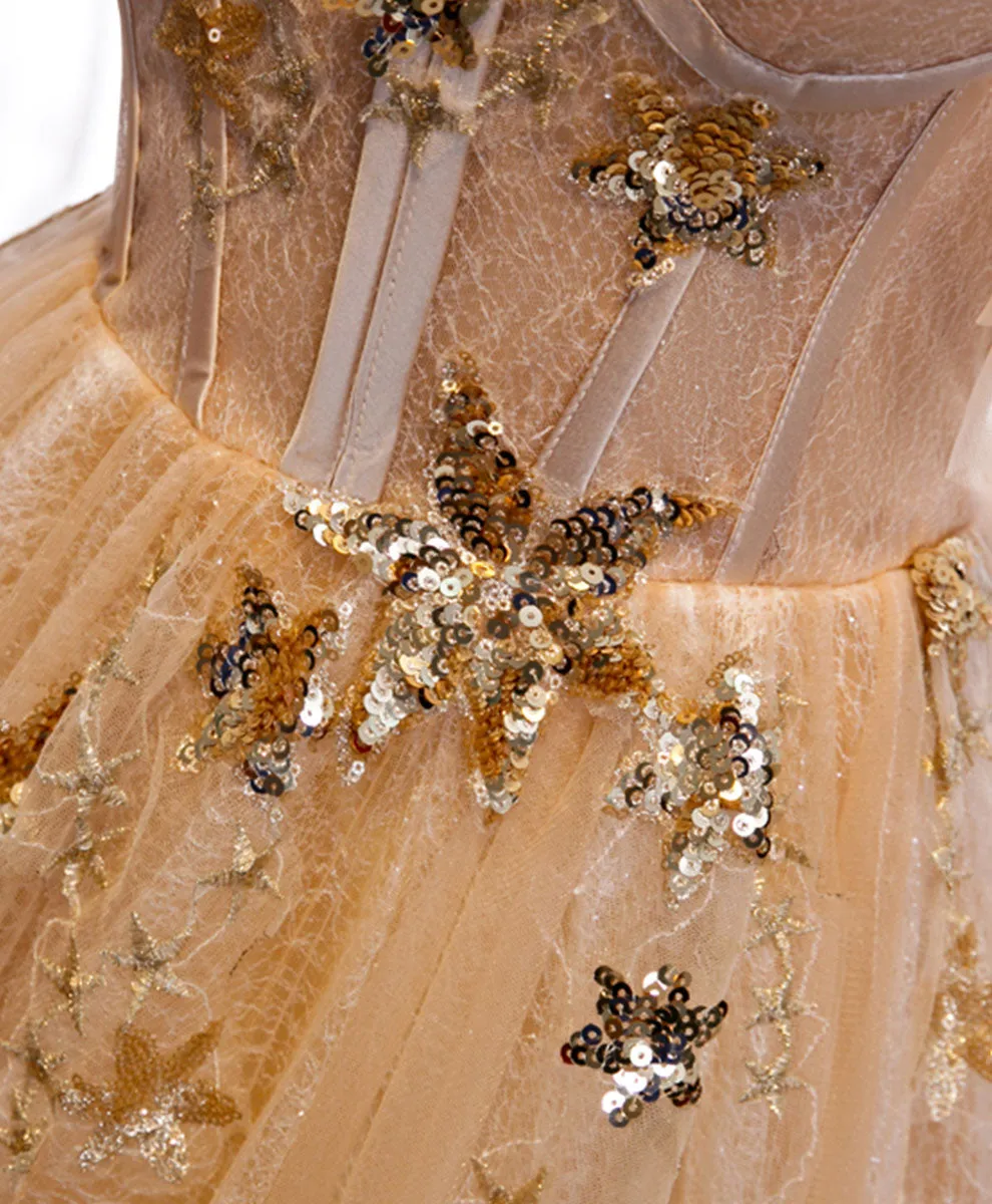 Champagne Round Neck Tulle Lace Long Prom Dress Formal Dress
