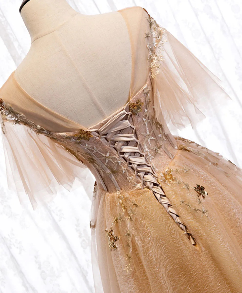 Champagne Round Neck Tulle Lace Long Prom Dress Formal Dress