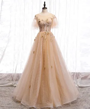 Champagne Round Neck Tulle Lace Long Prom Dress Formal Dress