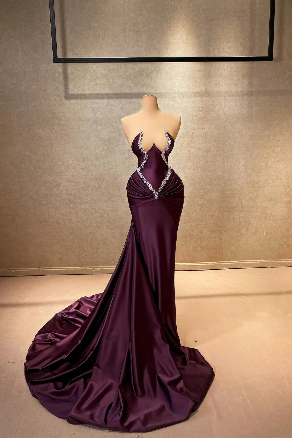 Charming Mermaid Strapless Sleeveless Rhinestone Satin Train Burgundy Long Prom Dress