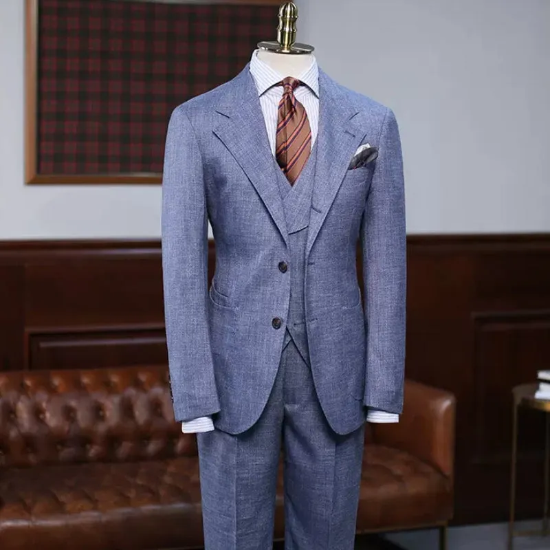 Cliff Blue Chic Notched Lapel Three-Piece Business Suit