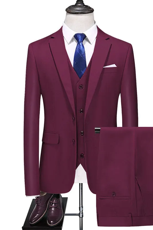 Connor Burgundy Close-Fitting Three-Piece Notched Lapel Men's Business Suit