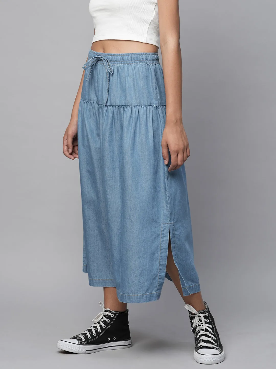 Cotton Tencel Denim Pull On Flared Skirt