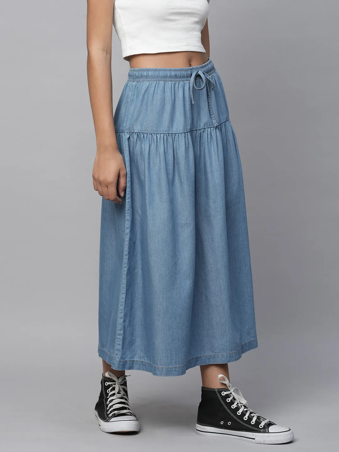 Cotton Tencel Denim Pull On Flared Skirt