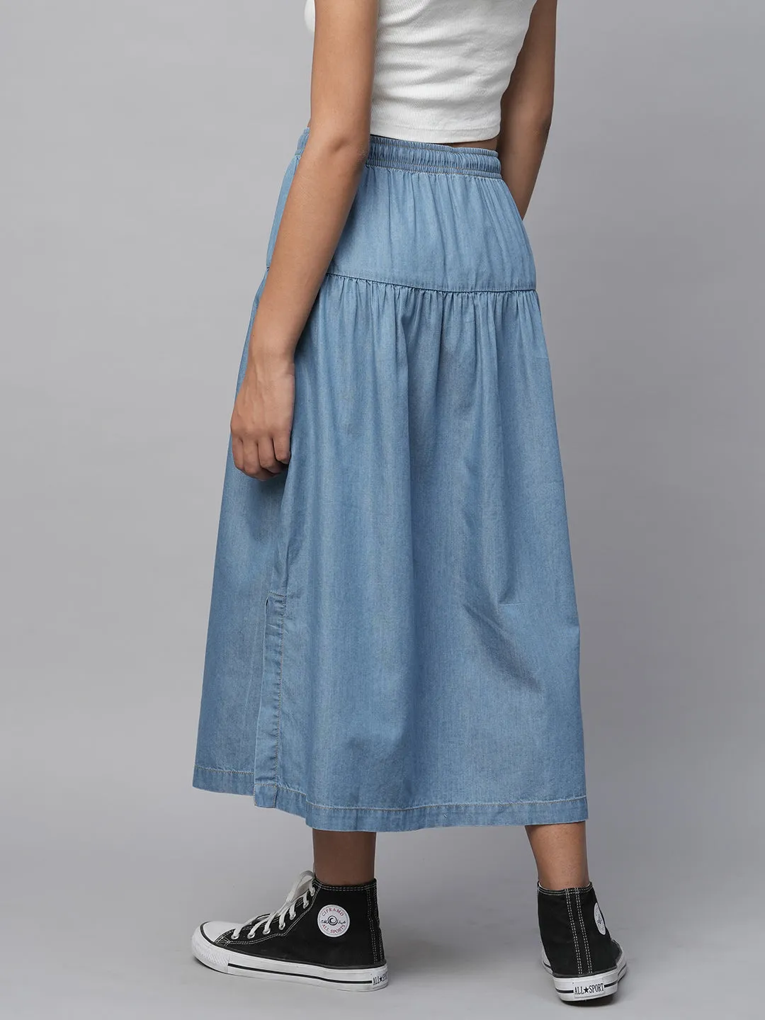 Cotton Tencel Denim Pull On Flared Skirt