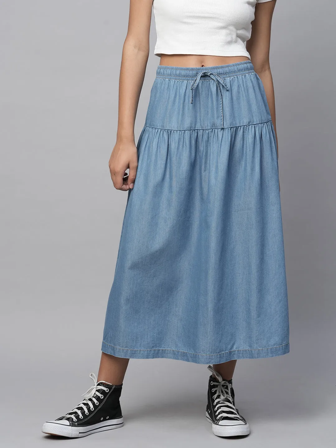 Cotton Tencel Denim Pull On Flared Skirt