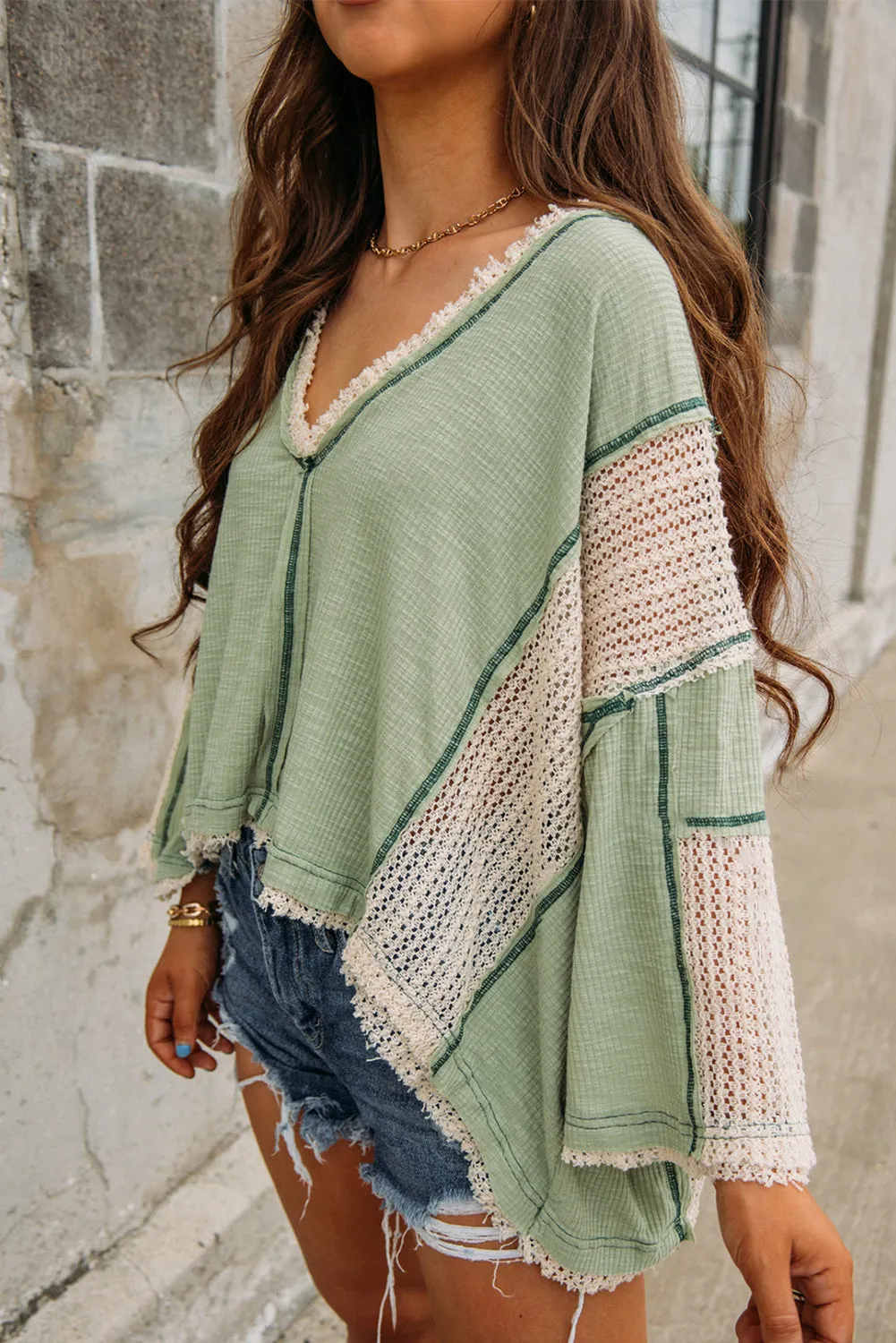 Crochet Detail Exposed Seam High Low Loose Top