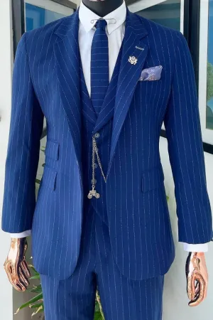 Curtis Blue Stripe Peak Lapel Three-Piece Sophisticated Business Suit