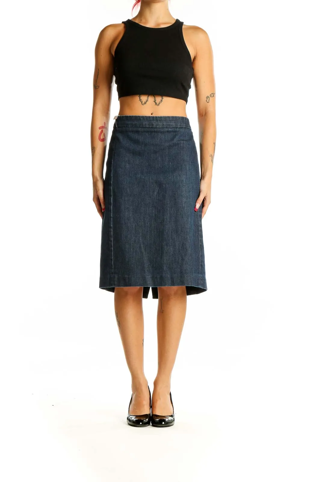 Dark Blue Denim A-Line Midi Skirt