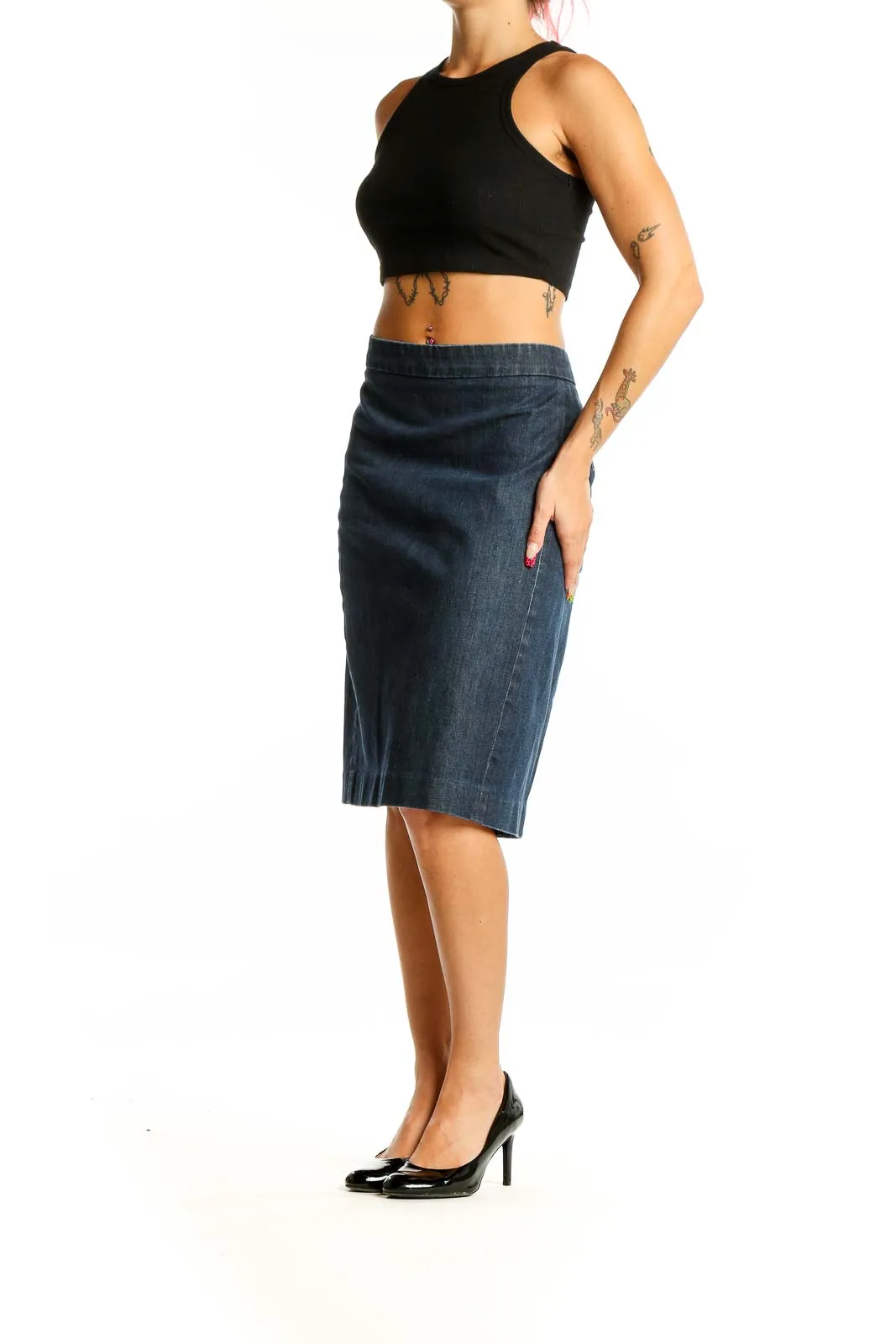 Dark Blue Denim A-Line Midi Skirt