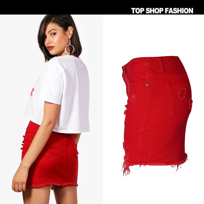 Denim Holes Ruffles High Waist Short Red Skirt