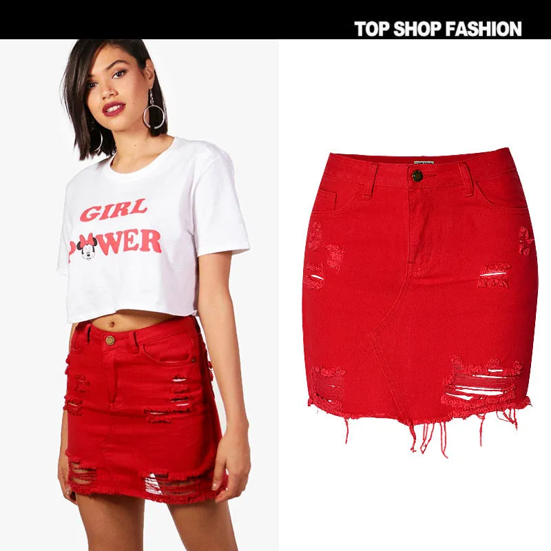 Denim Holes Ruffles High Waist Short Red Skirt