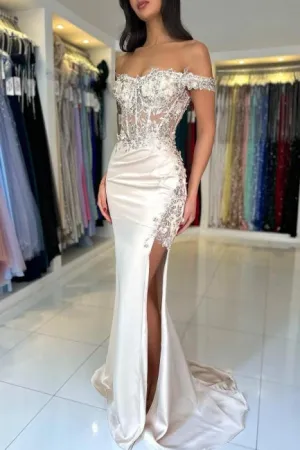 Designer Column Lace Off-The-Shoulder Sleeveless Prom Dress With Split Front