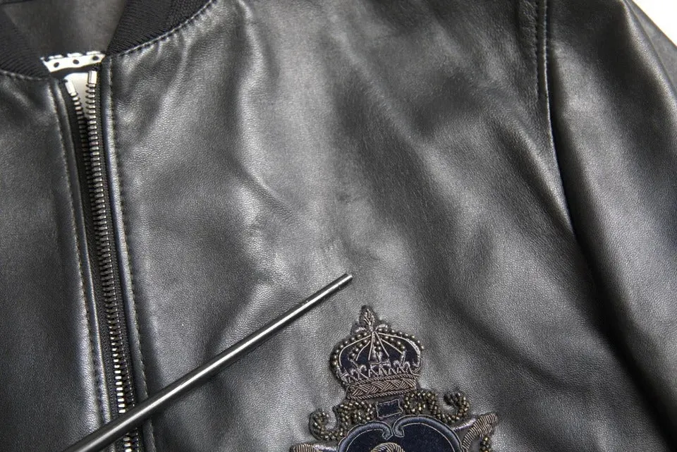 Dolce & Gabbana Black Leather Logo Embroidery Full Zip Jacket