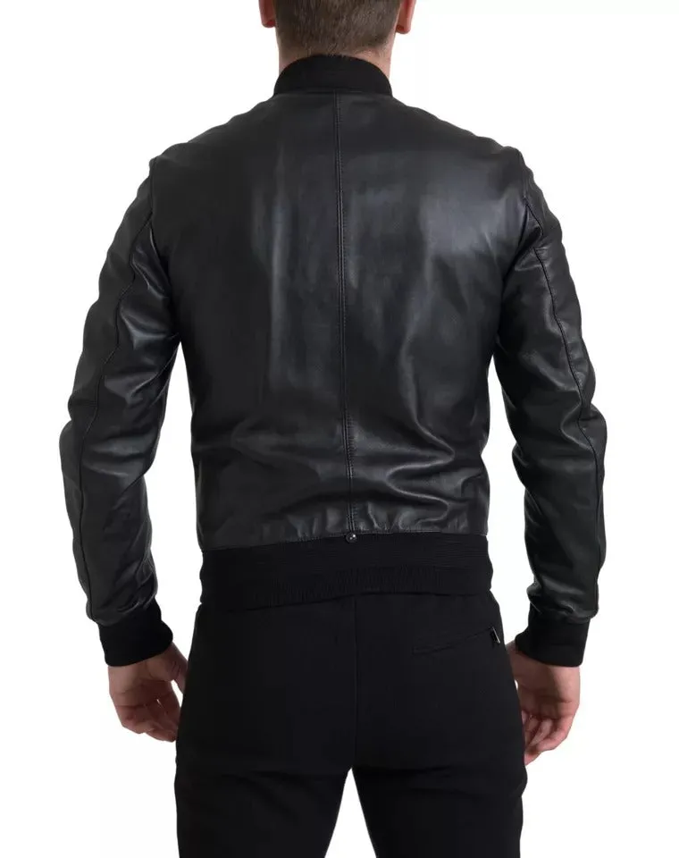 Dolce & Gabbana Black Leather Logo Embroidery Full Zip Jacket