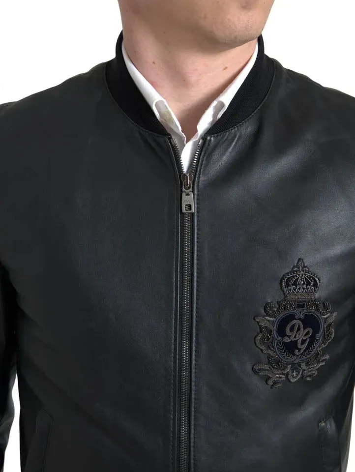 Dolce & Gabbana Black Leather Logo Embroidery Full Zip Jacket