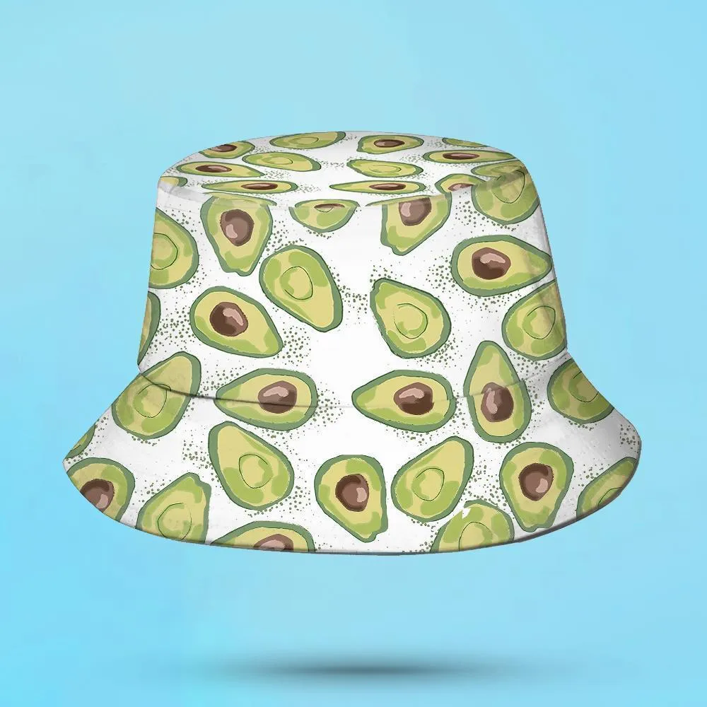 Double-Side-Wear Summer Bucket Hat Funny Bucket Hats Unisex Print Beach Sun Cap Reversible Avocado White