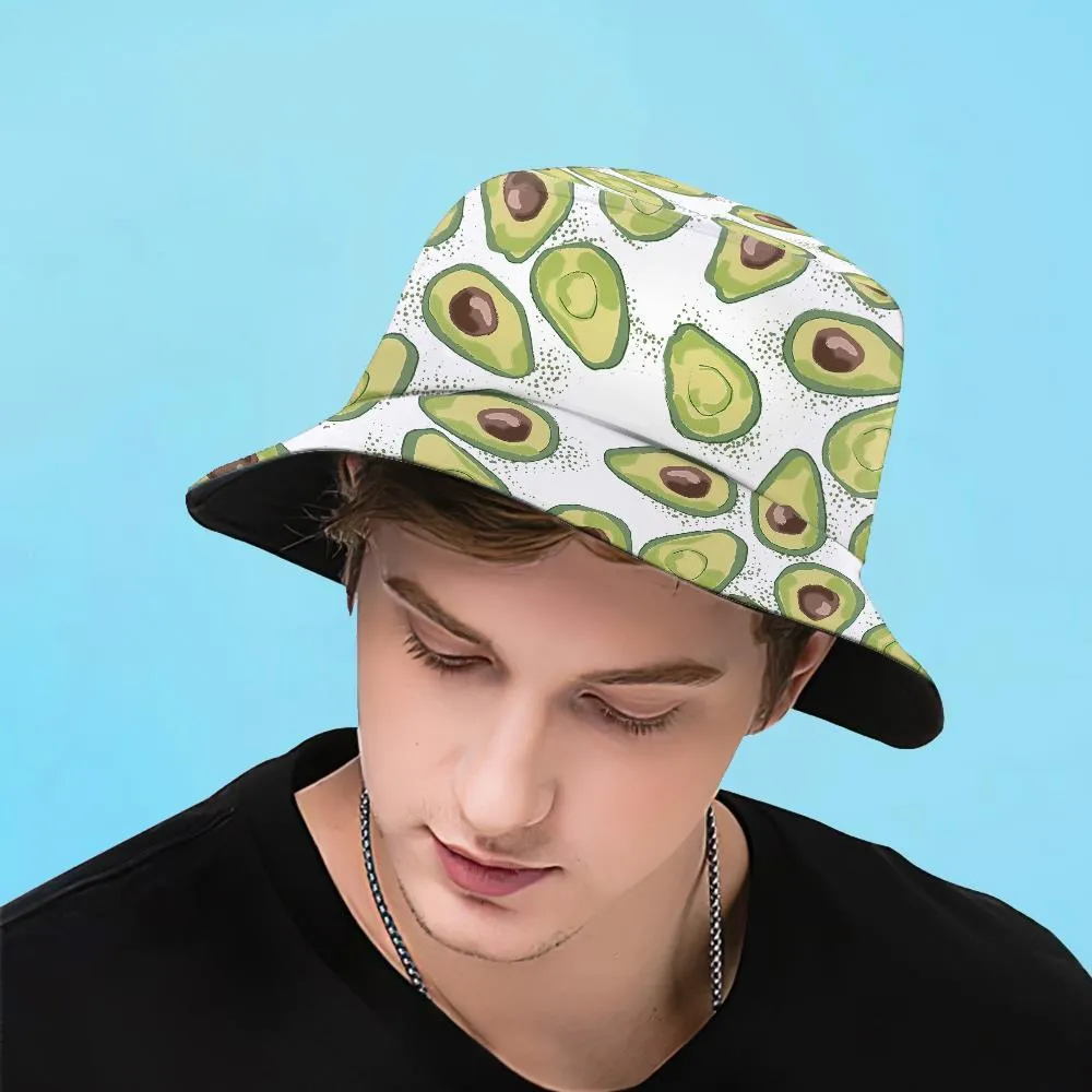 Double-Side-Wear Summer Bucket Hat Funny Bucket Hats Unisex Print Beach Sun Cap Reversible Avocado White